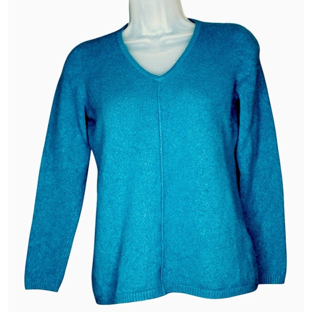 Belford Women V-Neck 100% Cashmere Sweater Teal Size Medium Old Money Soft Cozy